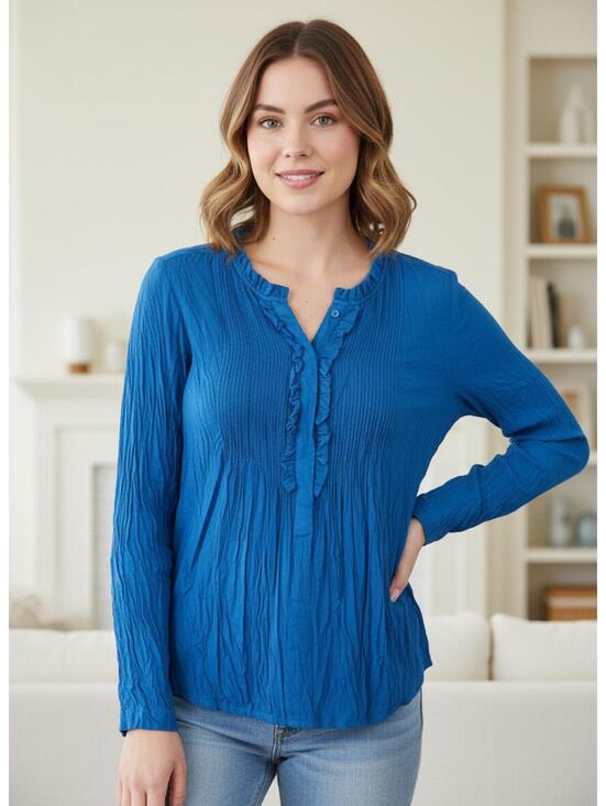 Sundance Tops - Sundance Blue Long Sleeve Ruffle Detail Blouse -‎ Petite Small
